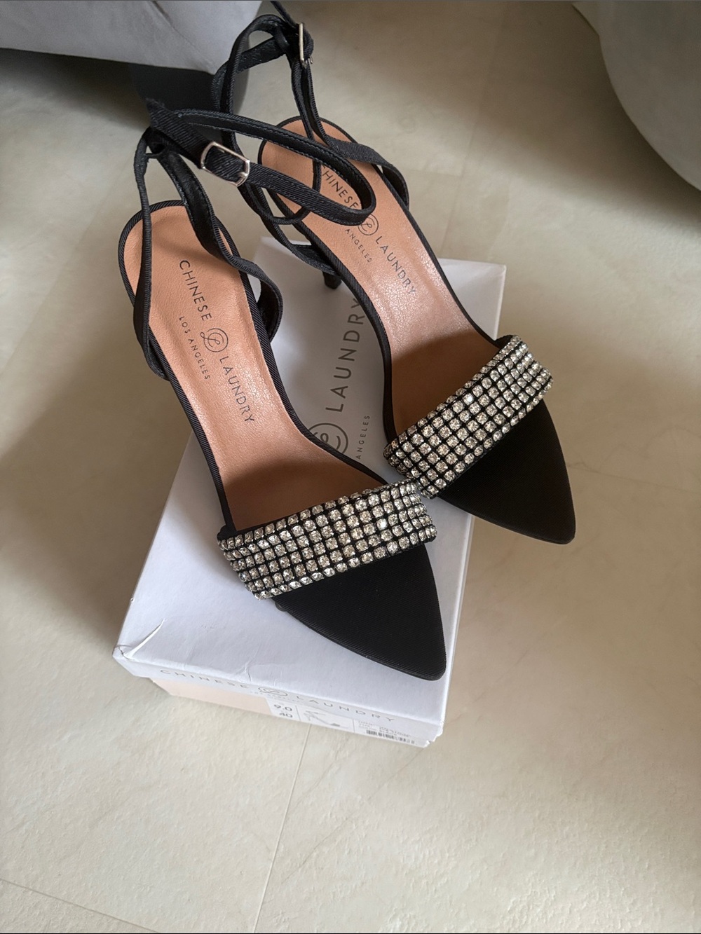 BRAND NEW! Chinese Laundry Black Pointed-Toe Ankle-Strap Heels with Crystal Band